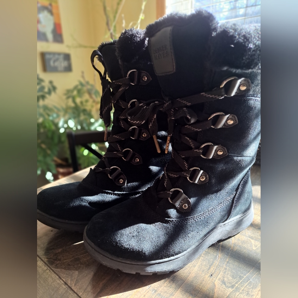 Womens Denver Hayes Black Suede Winter Boots Mid Calf Lace Up Style Size 9